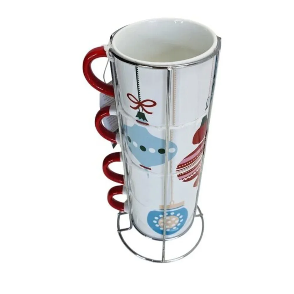Pier One Stacking Mug Set on Stand Christmas Ornaments Red Handles Stoneware